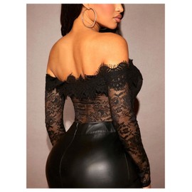 WDIRARA Women's Off Shoulder Floral Lace Bodysuit Mesh Long Sleeve Leotard Top Black Large