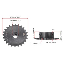 sourcing map Sprocket with 24 Teeth Type B Single Strand 1/4 Inch Pitch 12 mm Bore Black Oxide Carbon Steel Keyway with 2 Adjusting Screws, black