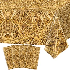 TYXIVO 4 Pcs Straw Tablecloth Farm Hay Table 51x86 inch Cover Western Birthday Theme Tablecloth for Table Western Cowboy Theme Birthday Party Decorations Hawaiian Luau Party Decorations