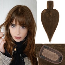 RUWISS Human Hair Topper with Bangs Crown Topper Hair Pieces for Women Short Wiglet Topper for Thinning Hair 7.5 * 13CM Silk Base 100% Real Human Hair Clip in Topper 10Inch 35g（Medium Brown）