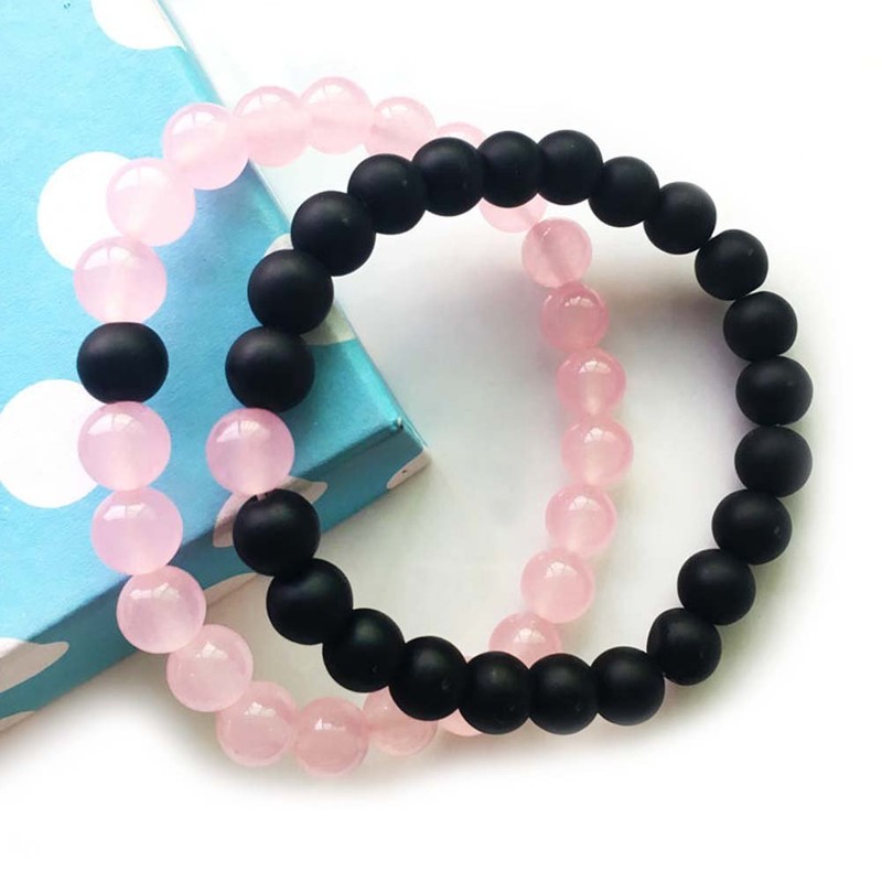 Jenbert 2Pcs Distance Bracelets Black Matte Stone & Rosa Quartz