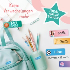 Sunnywall® Customisable Name Stickers - 4.8 x 1.6 cm - Pack of 60 - for School and Nursery Children - Choice of 38 Backgrounds, 61 ABC contactors