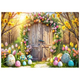WOLADA Easter Backdrop Easter Wooden Door Forest Backdrop Outdoor Forest Easter Egg Backdrop Easter Children's Photo Backdrop 8x6FT FW92