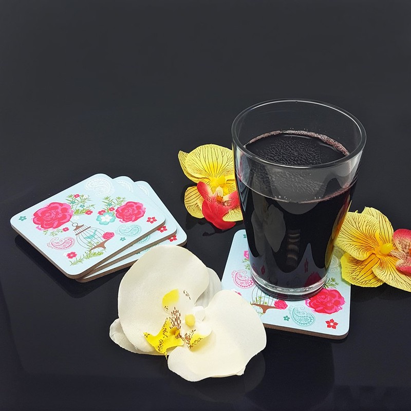 com-four® 16 x Wooden Drinks Coasters, Glass Coasters with Rose