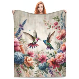 VODRM Retro Hummingbird Floral Blanket Gifts for Women Soft Warm Lightweight Cozy Spring Flower and Birds Vintage Throw Blankets for Bed Living Room Sofa Couch Valentines Day Decor 60x80in
