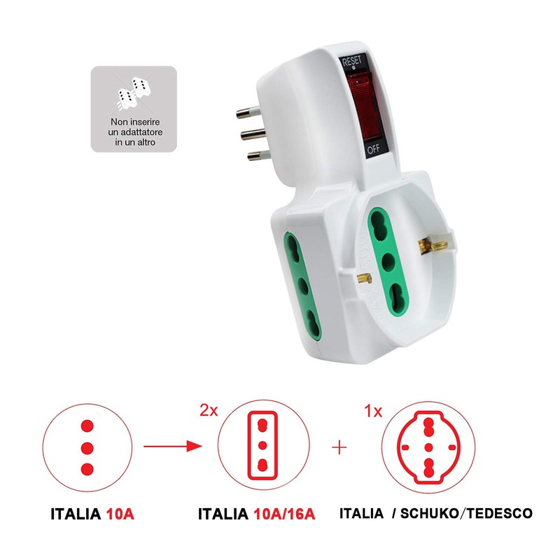 EXTRASTAR 2 x Italian 10/16 A Triple Socket Adapter with