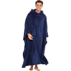 Alexander Del Rossa Long Hooded Fleece Blanket Robe, Poncho with Hood Small-Medium Navy Blue (A0133NBLMD)