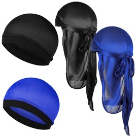 4Pcs Silky Durag Pack Elastic Dorag for Waves Premium Satin Deluxe Du-rag Wave Cap with Long Tail Headwraps Doo Rags Waves Hair Cap Soft Wide Strap Pirate Caps Turban Beanie for Boy Girl Hip-hop Decor