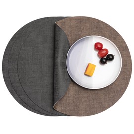 Myir JUN Round Placemats, Dual Sided Faux Leather Place Mats Set of 4 Indoor/Outdoor Non-Slip Washable Table Mats (Gray Brown, Set of 4)