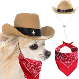 2PCS Classic Pet Cowboy Hat Dog Fashion Western Cowboy Square Scarf Unique Cowboy Style Western Cowboy Pet Theme Birthday Party Clothing Accessories Dog Gift (Khaki)