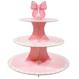Fjoron Pink Bow Theme 3-Tier Round Cardboard Cupcake Stand, Holds 8-12 Cupcakes, Waterproof & Reusable, Easy to Assemble, Ideal for Bachelorette, Wedding, Birthday Parties