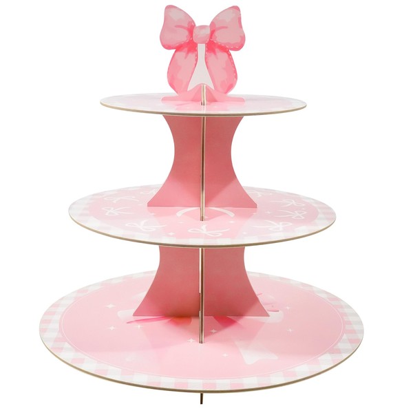 Fjoron Pink Bow Theme 3-Tier Round Cardboard Cupcake Stand, Holds