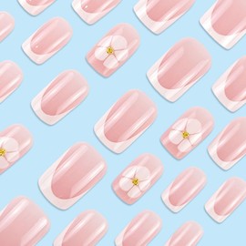 White French Tip Press on Nails Short Medium Suqare, Pink Full Cover Fake Nails with White Flower Designs Glossy Acrylic Nails Press ons 12 Size 24 Pcs Cute Simple Manicure Kit for Women Girls
