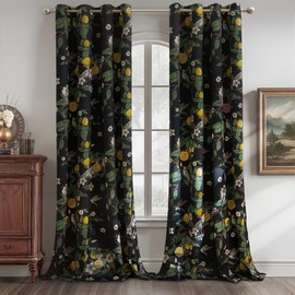 NICETOWN 100% Blackout Floral Curtains for Bedroom, W52 x L84 2 Panels, Hummingbird Lemon Botanical Print Design Thermal Insulated Privacy Drapes, Black Out Curtains for Living Room, Farmhouse