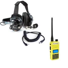GMRS Two Way Handheld Radio Safety Yellow and Behind The Head Headset Combo