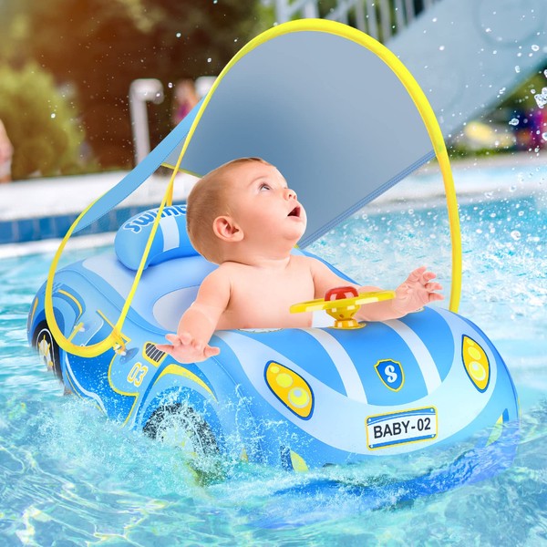 zerotop Baby Swimming Float, Baby Float Inflatable UPF50+ Car Baby Swim Float Baby Floats for Swimming Baby Pool Float with Detachable Sun Protection Canopy & Safety Seat for Kids Aged 1-4 Years, Blue