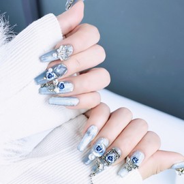 Yazikisa Press on Nails Handmade Long Coffin Fake Nail with Charms False Fingernail Rose Bow Pearl Acrylic Artificial Finger Luxury Glue on Manicure for Women Blue 10 Pcs (M)