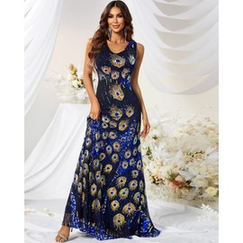 Women's Vintage Peacock Sequin Dresses V Neck Party Prom Evening Maxi Dress