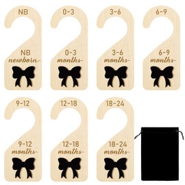 R HORSE Wooden Baby Closet Dividers - 8Pcs Double-Sided 3D Black Bow Baby Closet Organizer Newborn Clothes Size Hanger Dividers Nursery Decor Baby Shower Birthday Gift for Boy Girl (0-24 Months)