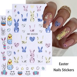 6 Sheets Easter Nail Stickers 3D Self-Adhesive Nail Art Stickers Spring Summer Nail Decals for Nail Art Cute Bunny Eggs Chick Sticker Design Easter Nails Accessories for Women
