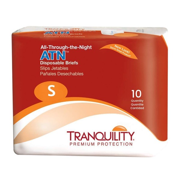 Tranquility ATN Adult Disposable Briefs with All-Through-The-Night Protection, S (24"-32") - 10 ct