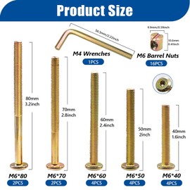 Taiss 16 Set Crib Screws and bolts,M6 furniture screws 40/50/60/70/80mm,Hex Socket m6 screws and barrel nuts/wrenches,m6 bolts and nuts Furniture Crib bed bolts Replacement Kit