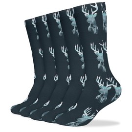 Xmkltbz 5 Pairs Soft Circulation Socks, Compression Crew Knee High Stockings Long Athletic for Running Sports 15.7x3.9 in Print Reindeer Deer Head on Landscape with Trees and Mountains on Dark