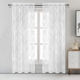DWCN White Floral Lace Sheer Curtains - Rod Pocket Window Voile Sheer Window Treatment for Living Room Bedroom Front Door Patio Sliding Door, 52 x 84 inches Long, Set of 2 Curtain Panels