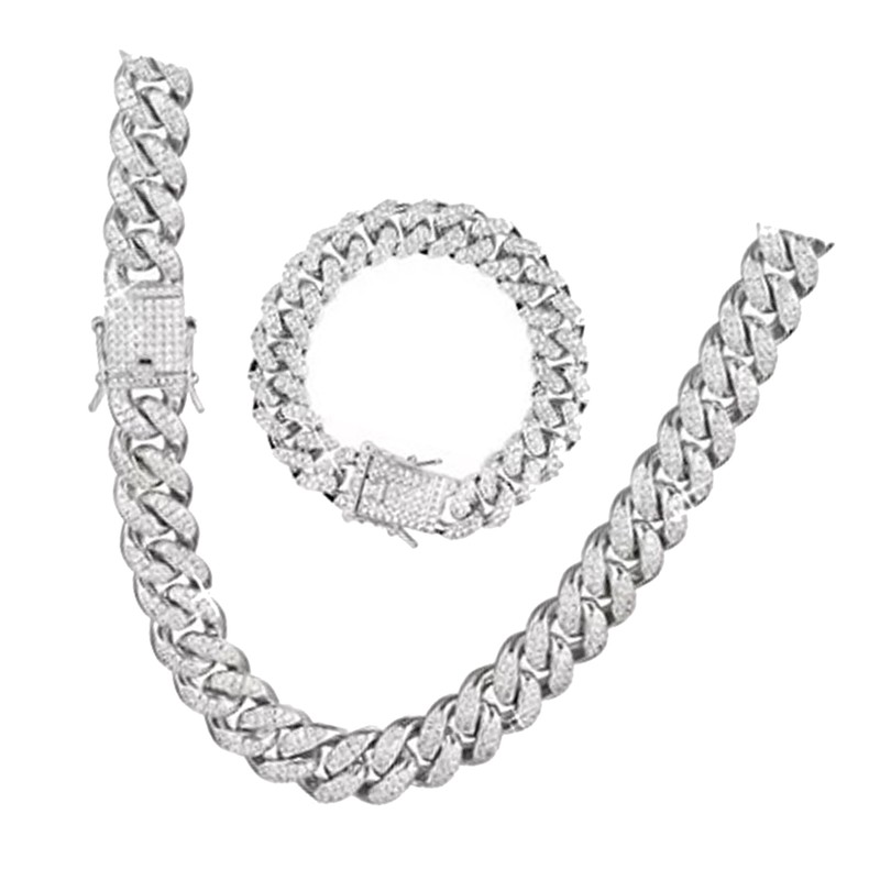 2Pcs Cuban Link Chain Rhinestone Necklace Bracelet Set Gift for