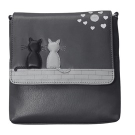 Mala Leather Midnight Cats Mini Leather Crossbody Bag – Soft Premium Leather, Adjustable Strap, 'Midnight Cats' Appliqué Design, Compact with Card Slots, Comes with Dustbag (Grey)