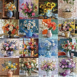 Flower Puzzle Art Puzzles 1000 Pieces for Adults, Colorful Jigsaw Puzzles Plant Puzzle, Sunflower Rose Flowers Jigsaw Puzzle Family Collage Puzzles for Challenging