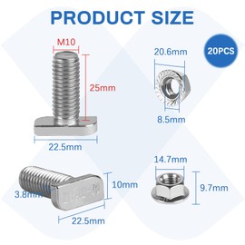 EXLECO 20 x Hammer Head Screws M10 x 25 mm Stainless Steel Hammer Head Screws T Nut Bolts with Plastic Box Stainless Steel Screw Attachment with Flange Nuts for T Nut Rail Greenhouse Profile Rails