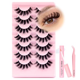 Losha Lashes Fluffy False Eyelashes 7 Pairs 3D Eye Lashes Kit with Lash Glue and Lash Tweezers D Curl Fake Eyelashes Soft Faux Mink Lashes Pack (Frizzy)
