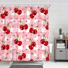 JAWO Pink Bow Shower Curtain, Red Cherry Checkered Aesthetic Shower Curtains Sets, Cute Light Pink Heart Bath Curtain Polyester Fabric Waterproof Bathroom Accessory Set with 12 Hooks, 72x72