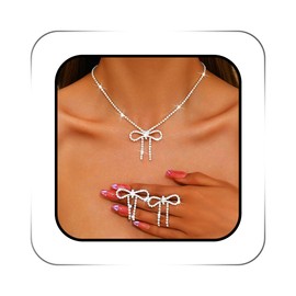 ACEDRE Rhinestone Bow Jewelry Set Silver Sparkly Crystal Bowknot Pendant Necklace Dainty Dangle Prom Earrings Sets for Women