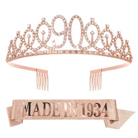 RUMIA Rose Gold 90th Birthday Crown & Sash for Women Glitter 90th Rhinestone Tiara Made in 1934 Sash 90th Birthday Gifts for Women 90th Birthday Decorations Party Supplies