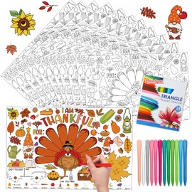 Tenceur 48 Pcs Fall Thanksgiving Placemats Set for Kids Turkey Paper Placemats with Crayon Pumpkin Disposable Table Mat Autumn Gnome Coloring Activity for Fall Party DIY Crafts Supplies