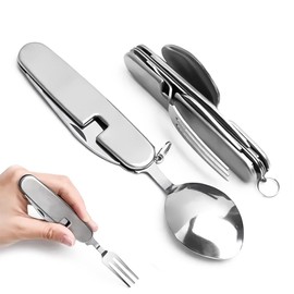 NHPY 1 Stück Besteck Edelstahl Klappbesteck 4 In 1 Campingbesteck, Klappbar Reisebesteck Besteckset Mit Messer Gabel Löffel Öffner Feldbesteck Für Outdoor, Picknick, Reisen(Silber)