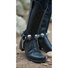Unbranded Men Biker Boot Silver Chain Black Faux Leather 2PCS Strap Shoe Skulls Motorcycle