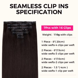 Lashey Seamless Clip in Hair Extensions Human Hair #2 Dark Brown Light Yaki Straight Clip in Hair Extensions Real Human Hair 7pcs 110g 16 Inch PU Weft Natural Hair Extensions for Women