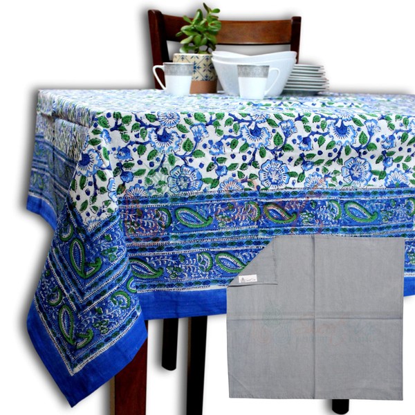 Block Print Paisley Floral Tablecloth for Rectangle Tables, Cotton Floral Kitchen Dining Table Cloth, Table Linen White Blue Green, Table Cover for Indoors and Outdoors, 60 x 90 in