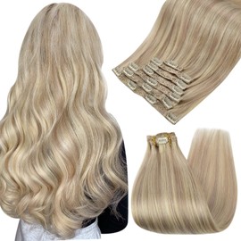 Ugeat 45 cm Clip Extensions, Real Hair Streaked Ash Blonde with Bleach Blonde P18/613, Hair Extensions Real Hair Wefts Clip, 7 Pieces, Clip in Hair Extensions, Real Hair Single Wefts, 100 g