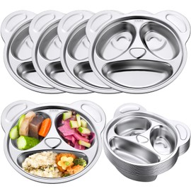Lounsweer Set of 8 Stainless Steel Toddler Plates 304 Stainless Steel Dishes for Kids 3 Sections Unbreakable Metal Cute Panda Shape Compartment Divided Platesfor Toddler Picky Eaters, Lunch, Camping
