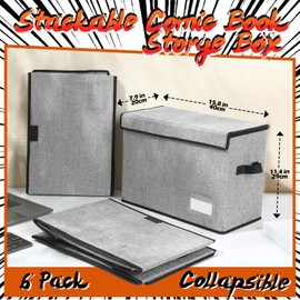 Chuangdi 6 Pcs Comic Book Storage Boxes, Back to School Collapsible Comic Short Box Case with Lid, 15.8 x 7.9 x 11.4 Inch Book Bin Container Holds 150 Comics(Gray)