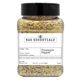 Raw Essentials Pineapple Black Pepper - Ideal for grilling, marinating meats, seasoning vegetables, or adding a unique twist to desserts - Large 12 Ounce Bottle - Gluten Free, Non GMO, Vegan