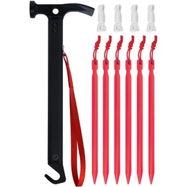 Eurmax USA Hiking Camping Tent Stakes and Hammer Set Lightweight Multi-Function Tent Hammer with Tent Stake Remover,Tent Pegs for Camping, Hiking, Backpacking, Gardening (Red Stakes)