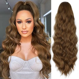 YEESHEDO Ponytail Hairpiece Brown Long Wavy Curls Hairpiece Braid with Drawstring Ponytail Natural Synthetic Hair Extensions for Women Afro Braid Ponytail 60 cm