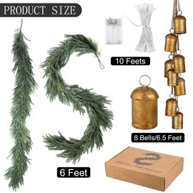 Fovths 6 Ft Christmas Garlands with Lights and Bells Real Touch Norfork Cedar Pine Garland Artificial Greenery Garlands for Christmas Mantle, Table Indoor Outdoor Decorations, Green and White