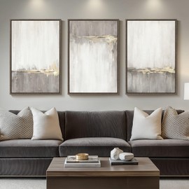 Framed Large Neutral Abstract Wall Art for Living Room, 3 Piece Beige Gold Brown Canvas Artworks, Modern Minimalist Painting Prints for Dining Room Bedroom Hallway Home Office Wall Decor, 24x36 Inch