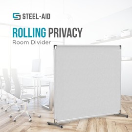 Steel-AID 72-inch Rolling Privacy Room Divider - Freestanding Office Wall Partition with Non See-Through Blackout Screen - Sturdy & Durable Iron Frame - Rolling Wheels - Black, White, Gray & Blue
